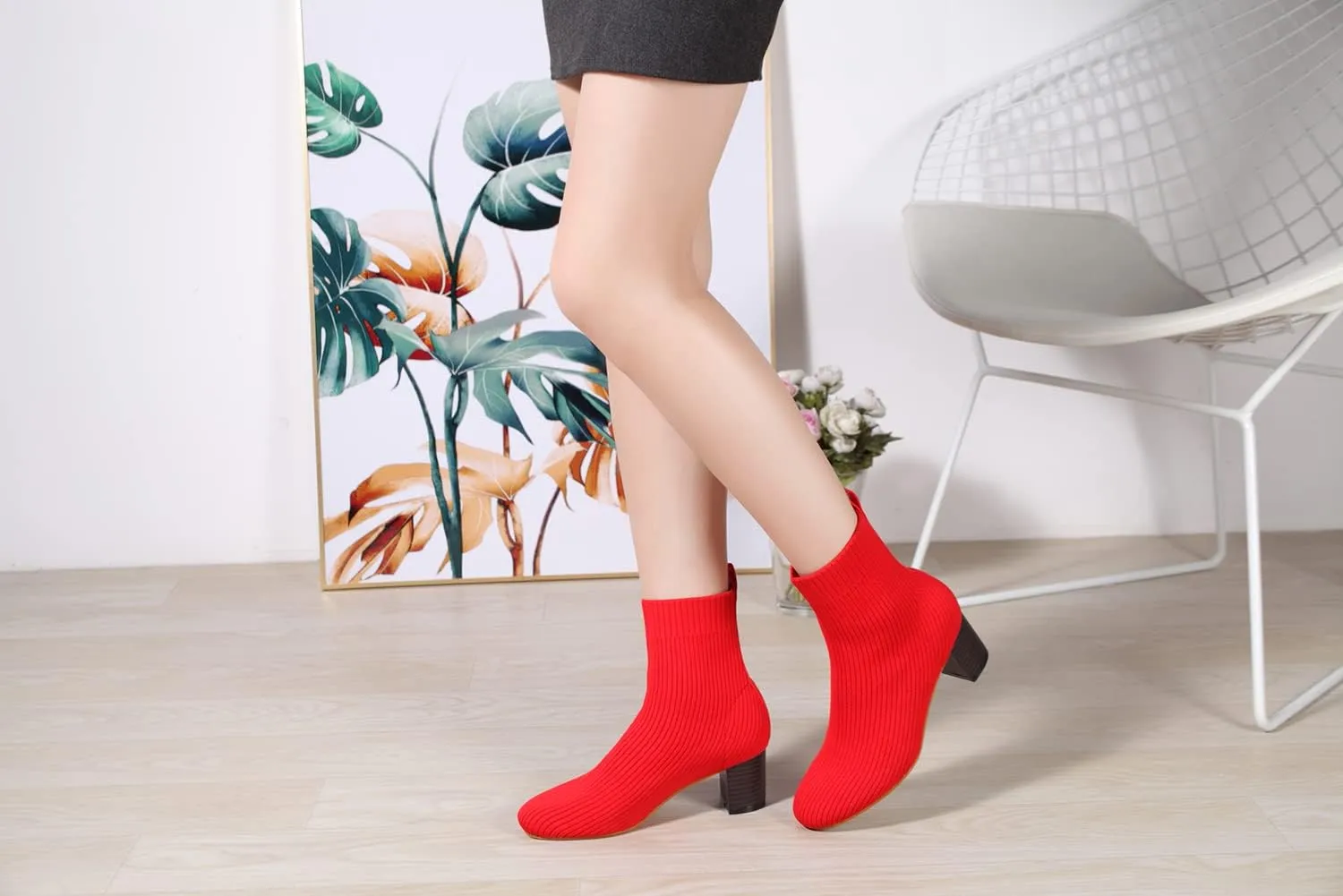 GATUXUS Women's Glove Chunky Mid Heel Ankle Boots Pointed Toe Knit Sock Style Booties Casual Warm Shoes