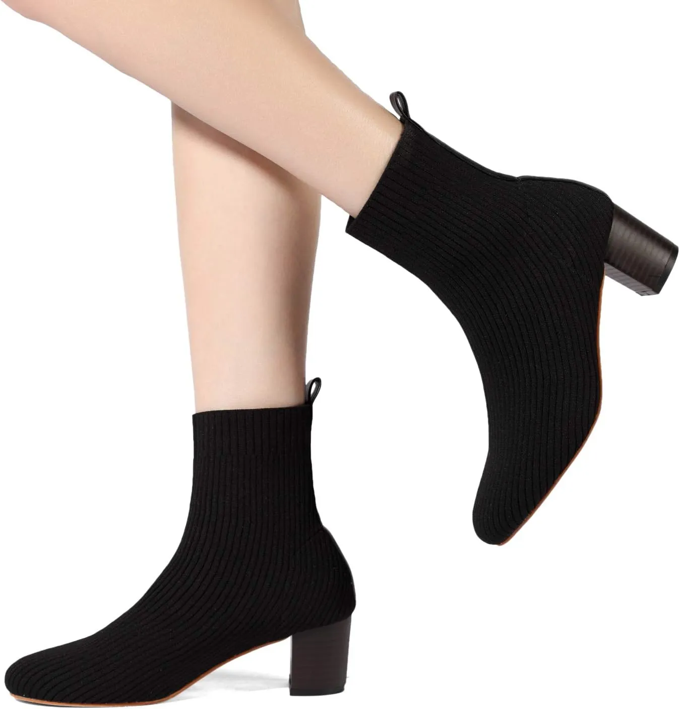 GATUXUS Women's Glove Chunky Mid Heel Ankle Boots Pointed Toe Knit Sock Style Booties Casual Warm Shoes