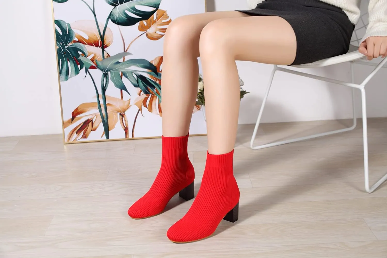 GATUXUS Women's Glove Chunky Mid Heel Ankle Boots Pointed Toe Knit Sock Style Booties Casual Warm Shoes