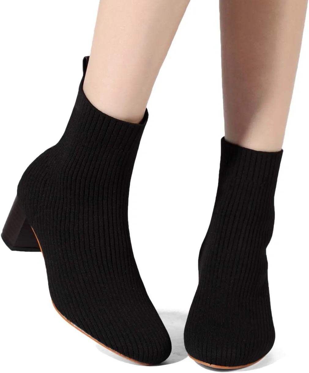 GATUXUS Women's Glove Chunky Mid Heel Ankle Boots Pointed Toe Knit Sock Style Booties Casual Warm Shoes