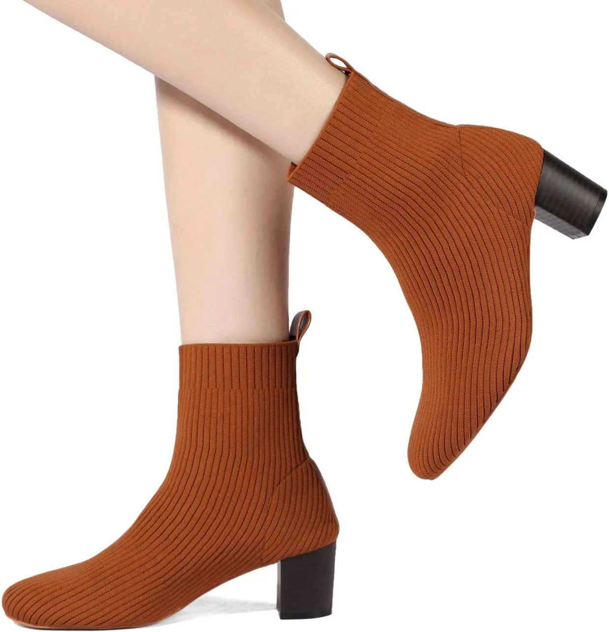 GATUXUS Women's Glove Chunky Mid Heel Ankle Boots Pointed Toe Knit Sock Style Booties Casual Warm Shoes