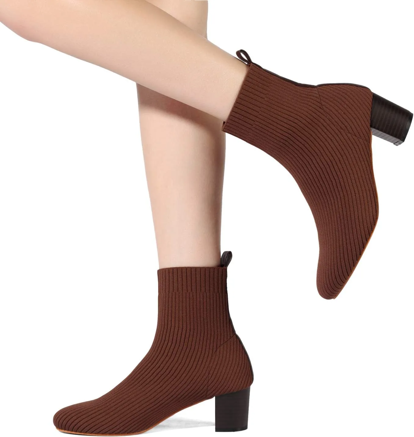 GATUXUS Women's Glove Chunky Mid Heel Ankle Boots Pointed Toe Knit Sock Style Booties Casual Warm Shoes