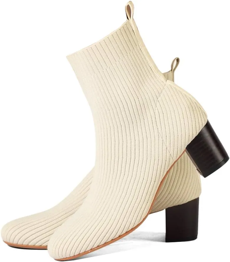 GATUXUS Women's Glove Chunky Mid Heel Ankle Boots Pointed Toe Knit Sock Style Booties Casual Warm Shoes
