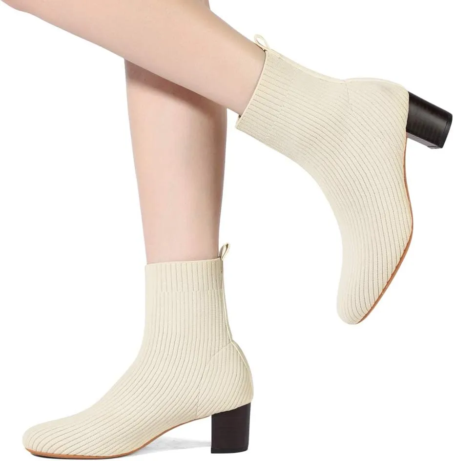 GATUXUS Women's Glove Chunky Mid Heel Ankle Boots Pointed Toe Knit Sock Style Booties Casual Warm Shoes