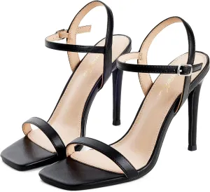 GENSHUO Women's Square Toe Strappy Stiletto Heels,4 Inch Open Toe Heel Sandals Ankle Strap Buckle Sexy High Heeled Prom Party Wedding Daily Wear Dress Shoes