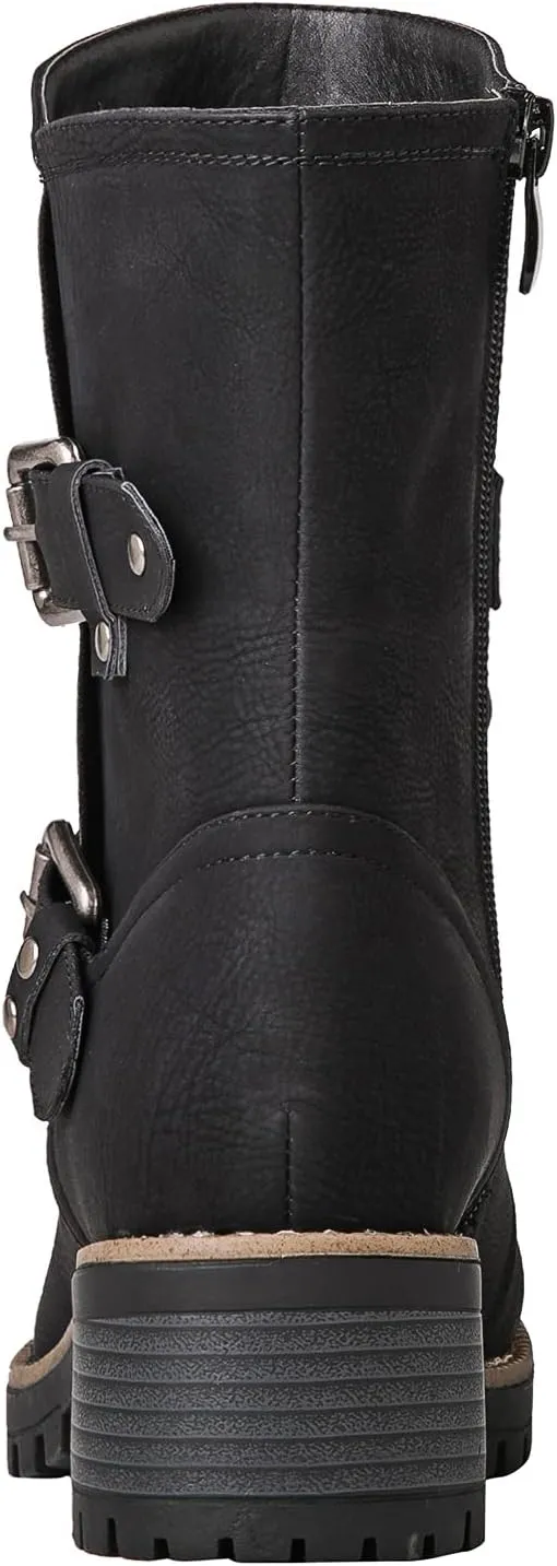 GLOBALWIN Lace up Mid Calf Motorcycle Fashion Festival Boots Combat Riding Military Boots for Women