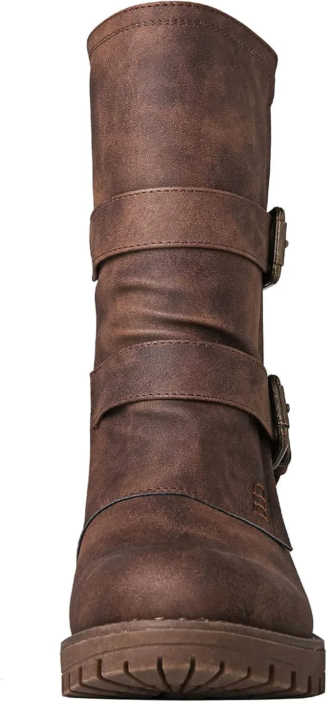 GLOBALWIN Lace up Mid Calf Motorcycle Fashion Festival Boots Combat Riding Military Boots for Women