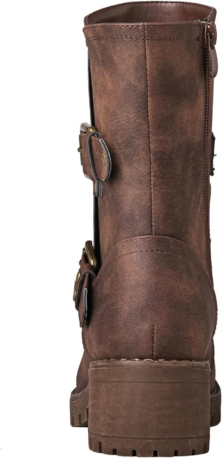 GLOBALWIN Lace up Mid Calf Motorcycle Fashion Festival Boots Combat Riding Military Boots for Women