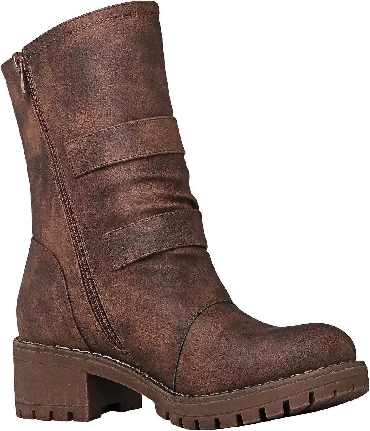 GLOBALWIN Lace up Mid Calf Motorcycle Fashion Festival Boots Combat Riding Military Boots for Women