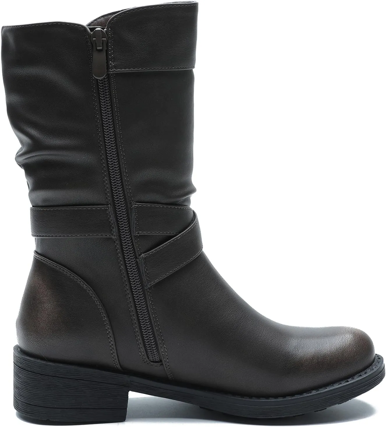 GLOBALWIN Women's Fall Fashion Biker Boots Mid Calf Boots For Women Low Heel