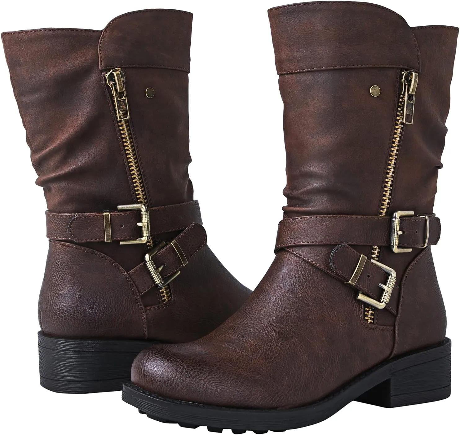 GLOBALWIN Women's Fall Fashion Biker Boots Mid Calf Boots For Women Low Heel