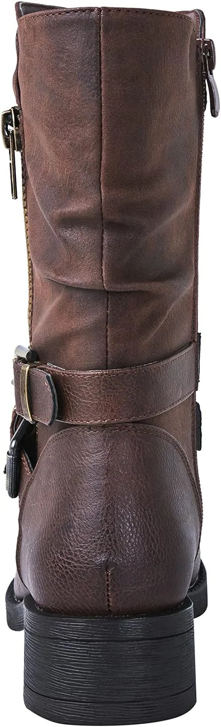 GLOBALWIN Women's Fall Fashion Biker Boots Mid Calf Boots For Women Low Heel