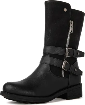 GLOBALWIN Women's Fall Fashion Biker Boots Mid Calf Boots For Women Low Heel