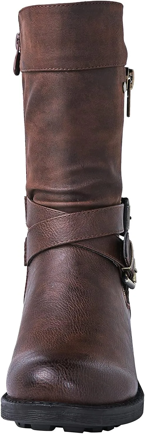 GLOBALWIN Women's Fall Fashion Biker Boots Mid Calf Boots For Women Low Heel
