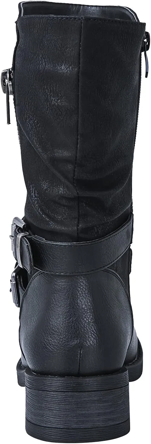 GLOBALWIN Women's Fall Fashion Biker Boots Mid Calf Boots For Women Low Heel