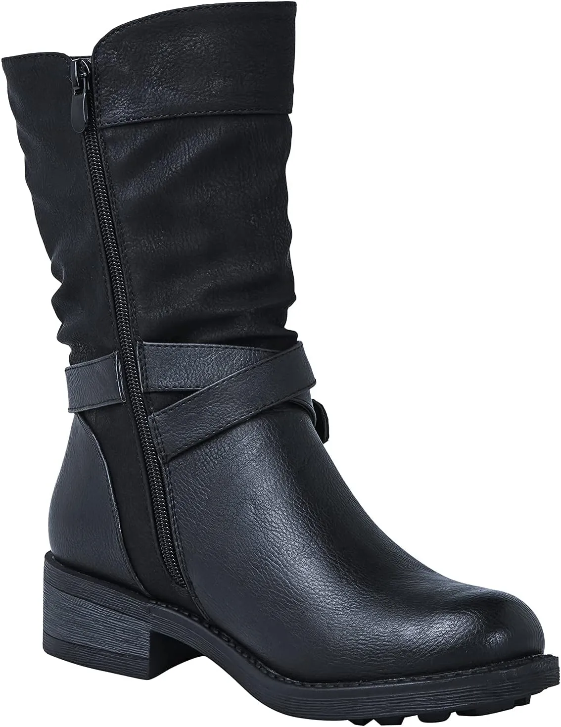 GLOBALWIN Women's Fall Fashion Biker Boots Mid Calf Boots For Women Low Heel