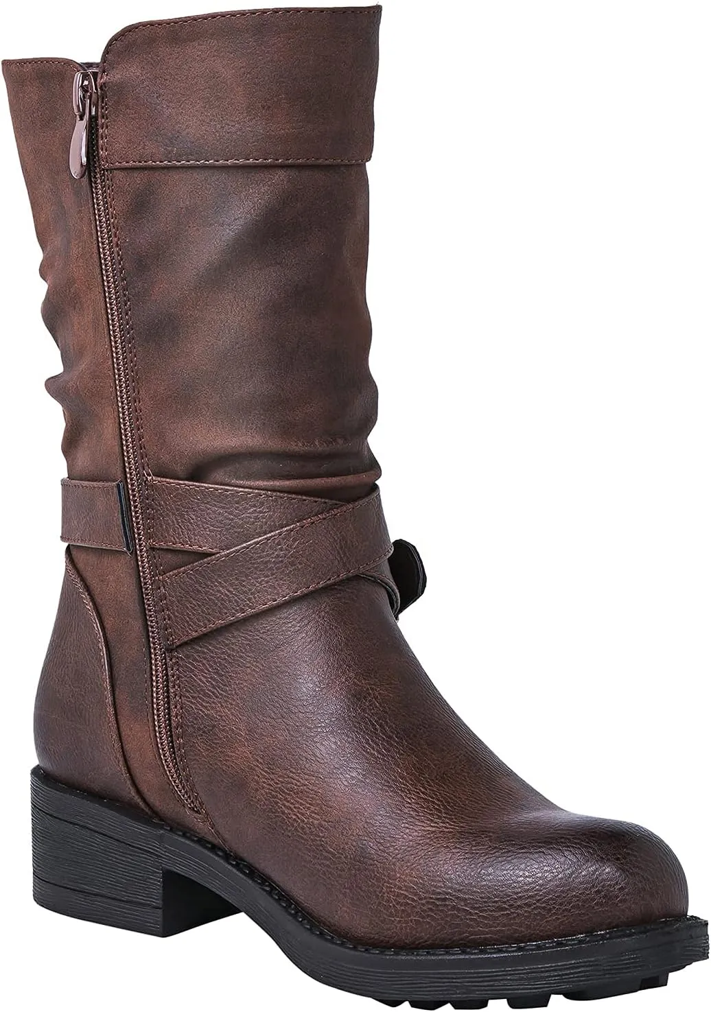 GLOBALWIN Women's Fall Fashion Biker Boots Mid Calf Boots For Women Low Heel