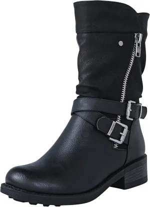 GLOBALWIN Women's Fall Fashion Biker Boots Mid Calf Boots For Women Low Heel