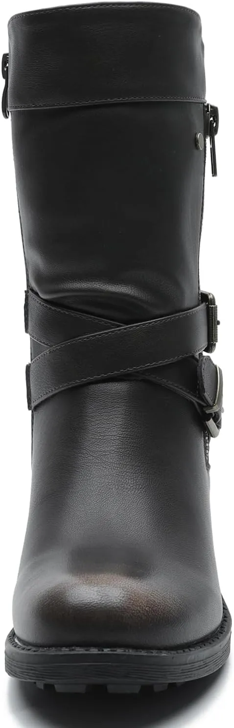 GLOBALWIN Women's Fall Fashion Biker Boots Mid Calf Boots For Women Low Heel