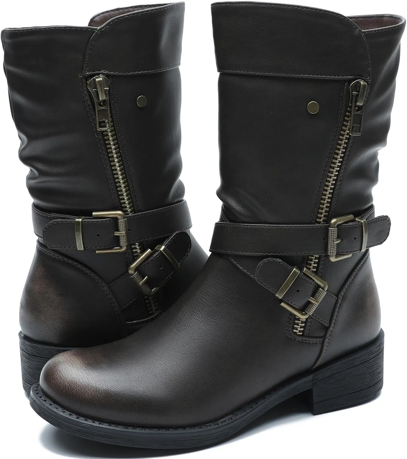 GLOBALWIN Women's Fall Fashion Biker Boots Mid Calf Boots For Women Low Heel