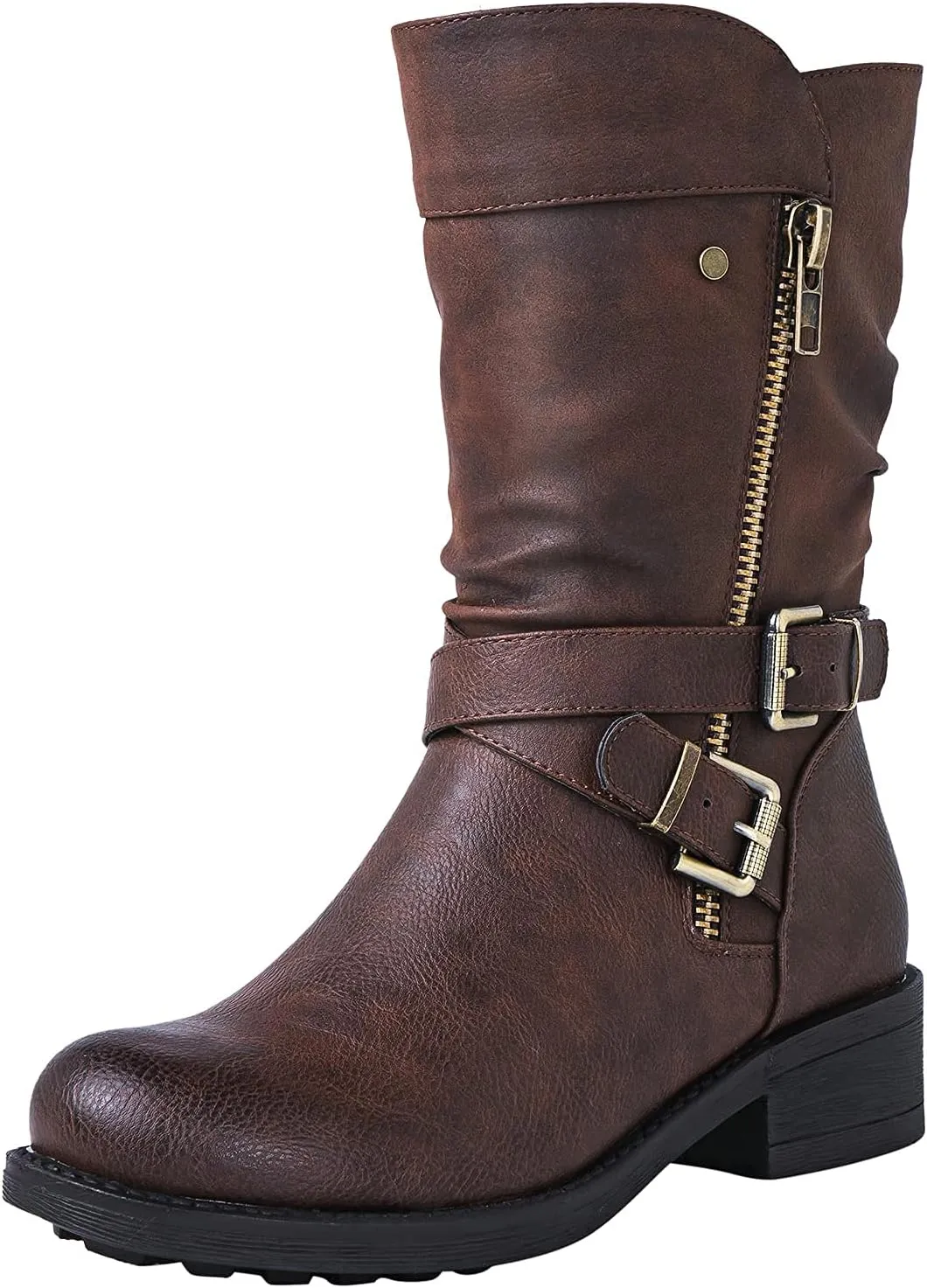 GLOBALWIN Women's Fall Fashion Biker Boots Mid Calf Boots For Women Low Heel