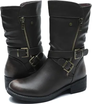 GLOBALWIN Women's Fall Fashion Biker Boots Mid Calf Boots For Women Low Heel