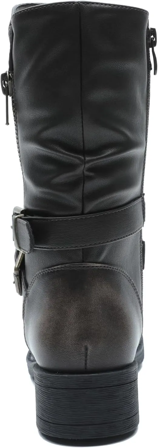 GLOBALWIN Women's Fall Fashion Biker Boots Mid Calf Boots For Women Low Heel