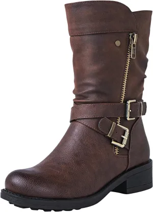 GLOBALWIN Women's Fall Fashion Biker Boots Mid Calf Boots For Women Low Heel