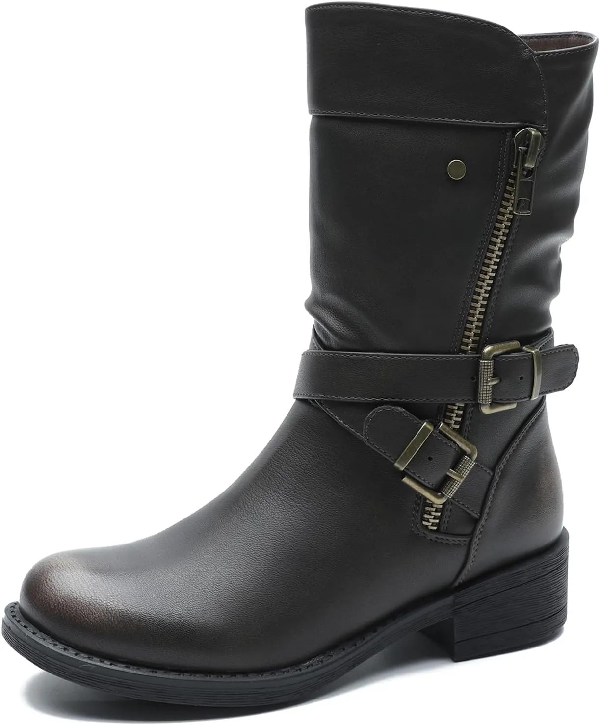 GLOBALWIN Women's Fall Fashion Biker Boots Mid Calf Boots For Women Low Heel