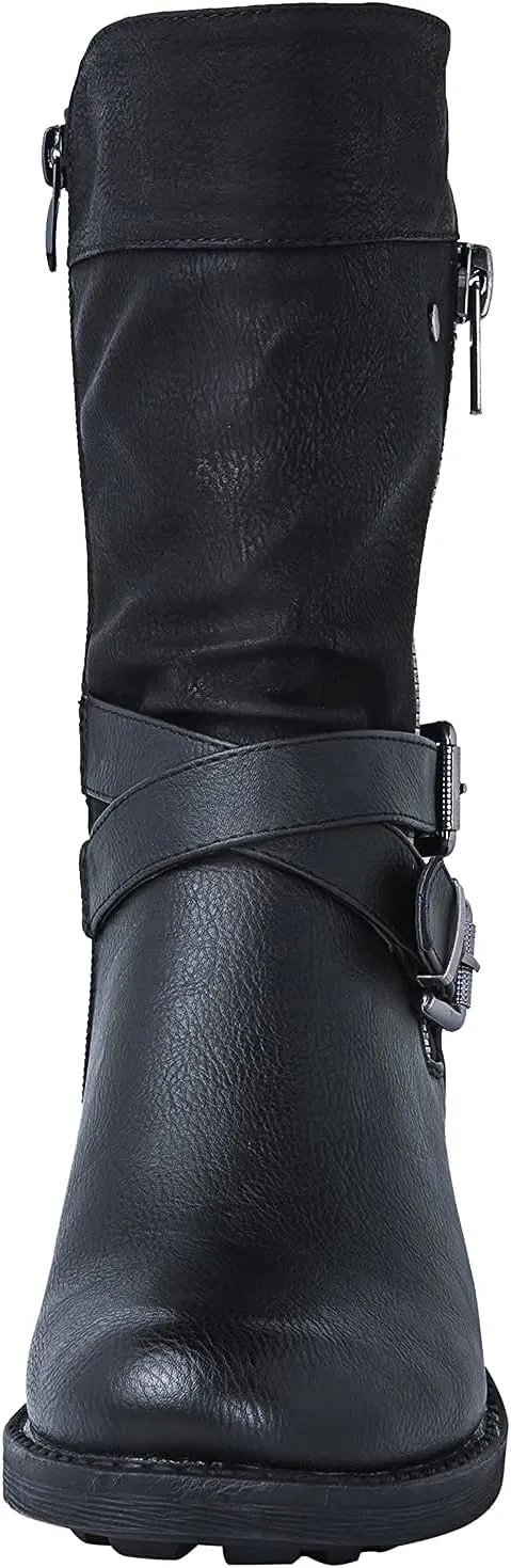 GLOBALWIN Women's Fall Fashion Biker Boots Mid Calf Boots For Women Low Heel