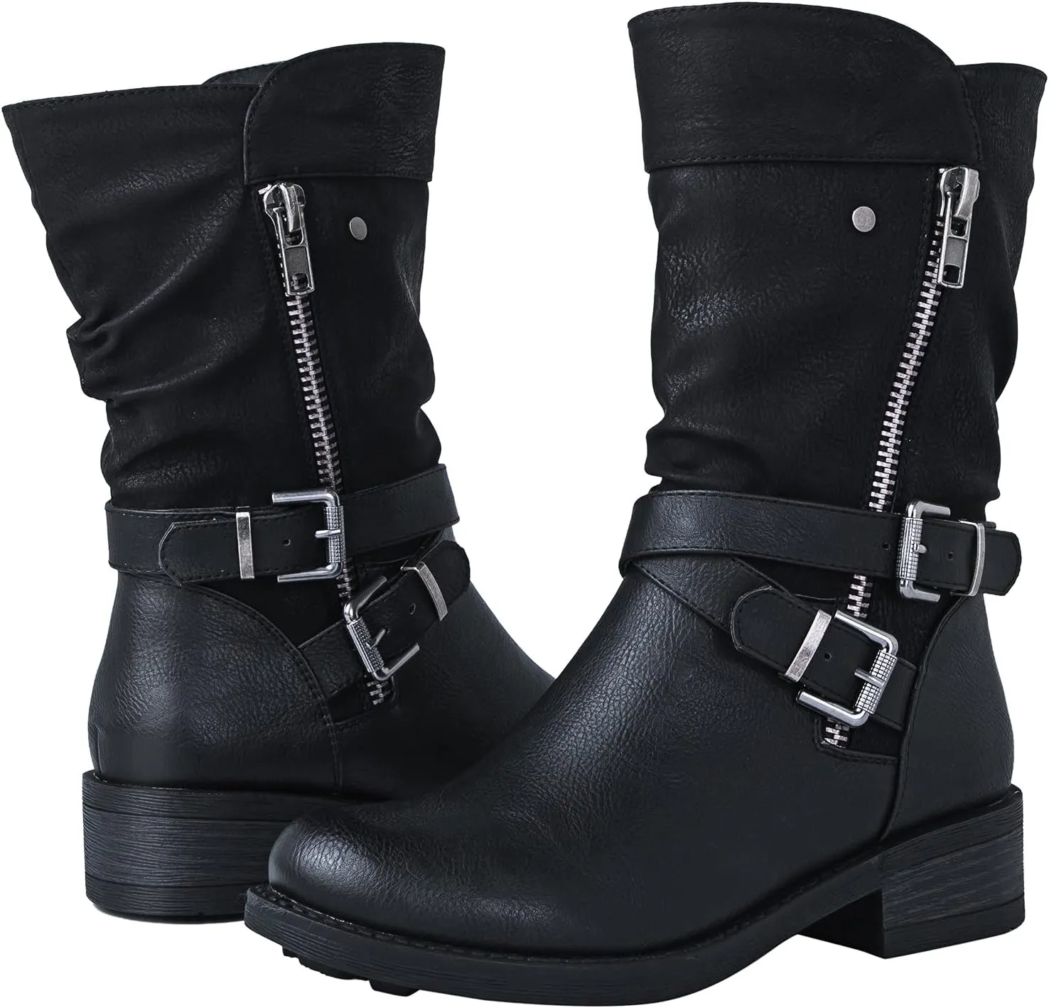 GLOBALWIN Women's Fall Fashion Biker Boots Mid Calf Boots For Women Low Heel