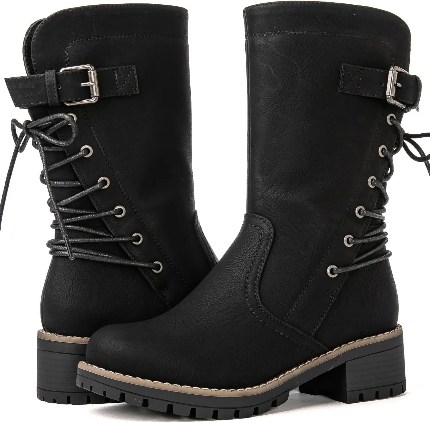 GLOBALWIN Women's Lace up Mid Calf Motorcycle Fashion Festival Boots