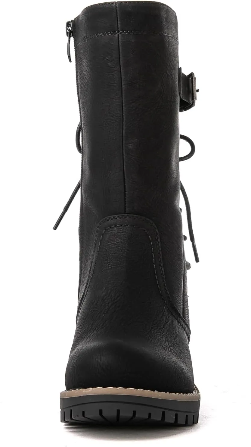 GLOBALWIN Women's Lace up Mid Calf Motorcycle Fashion Festival Boots