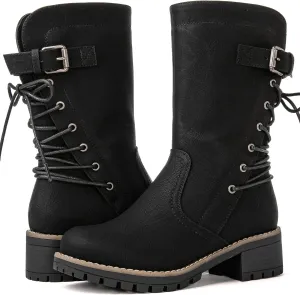 GLOBALWIN Women's Lace up Mid Calf Motorcycle Fashion Festival Boots