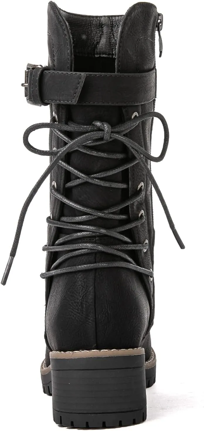 GLOBALWIN Women's Lace up Mid Calf Motorcycle Fashion Festival Boots
