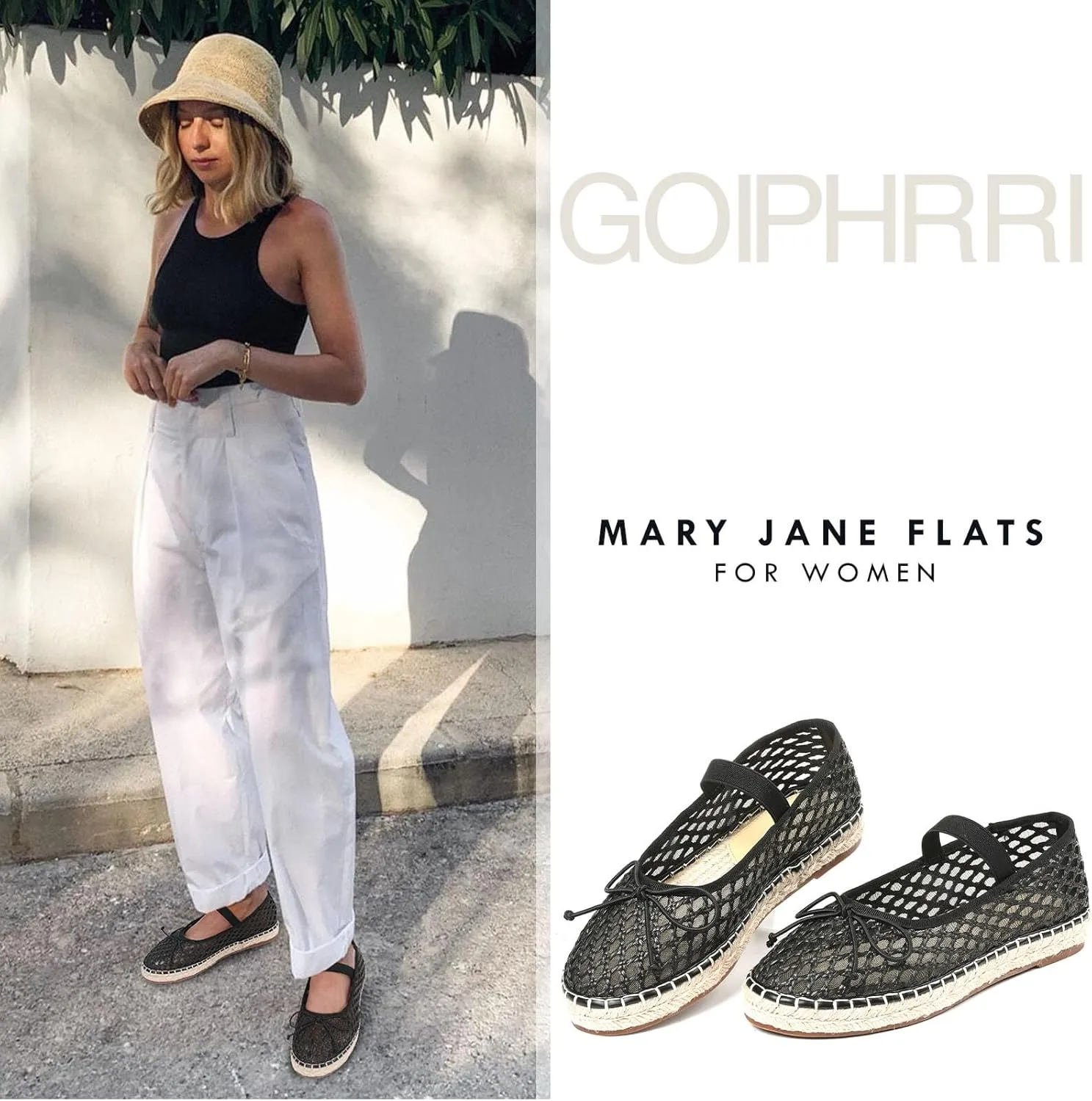 Goiphrri Platform Mary Jane Flats for Women Espadrilles Bow Knot Mary Janes Straw Woven Mesh Ballet Flats for Women Flatform Dress Pumps