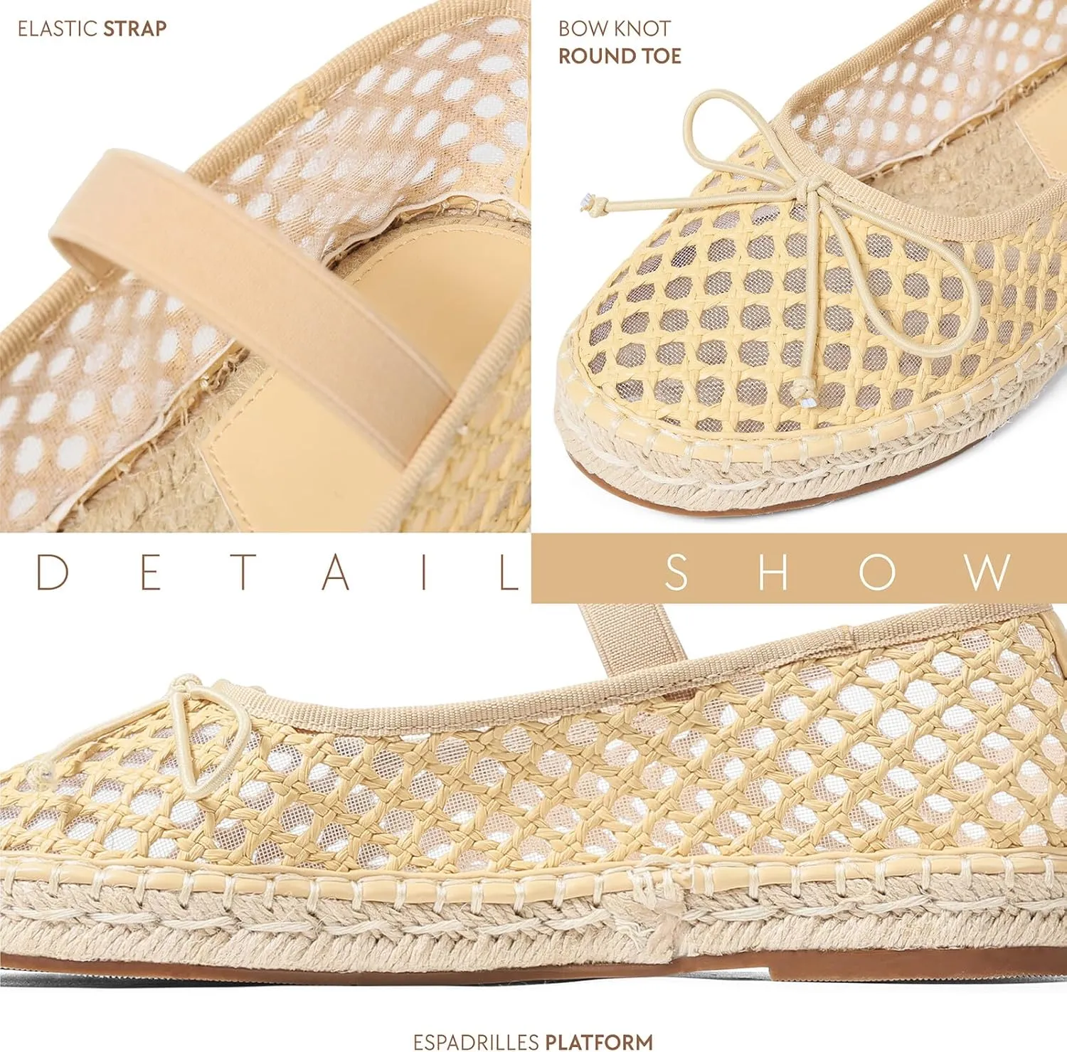 Goiphrri Platform Mary Jane Flats for Women Espadrilles Bow Knot Mary Janes Straw Woven Mesh Ballet Flats for Women Flatform Dress Pumps