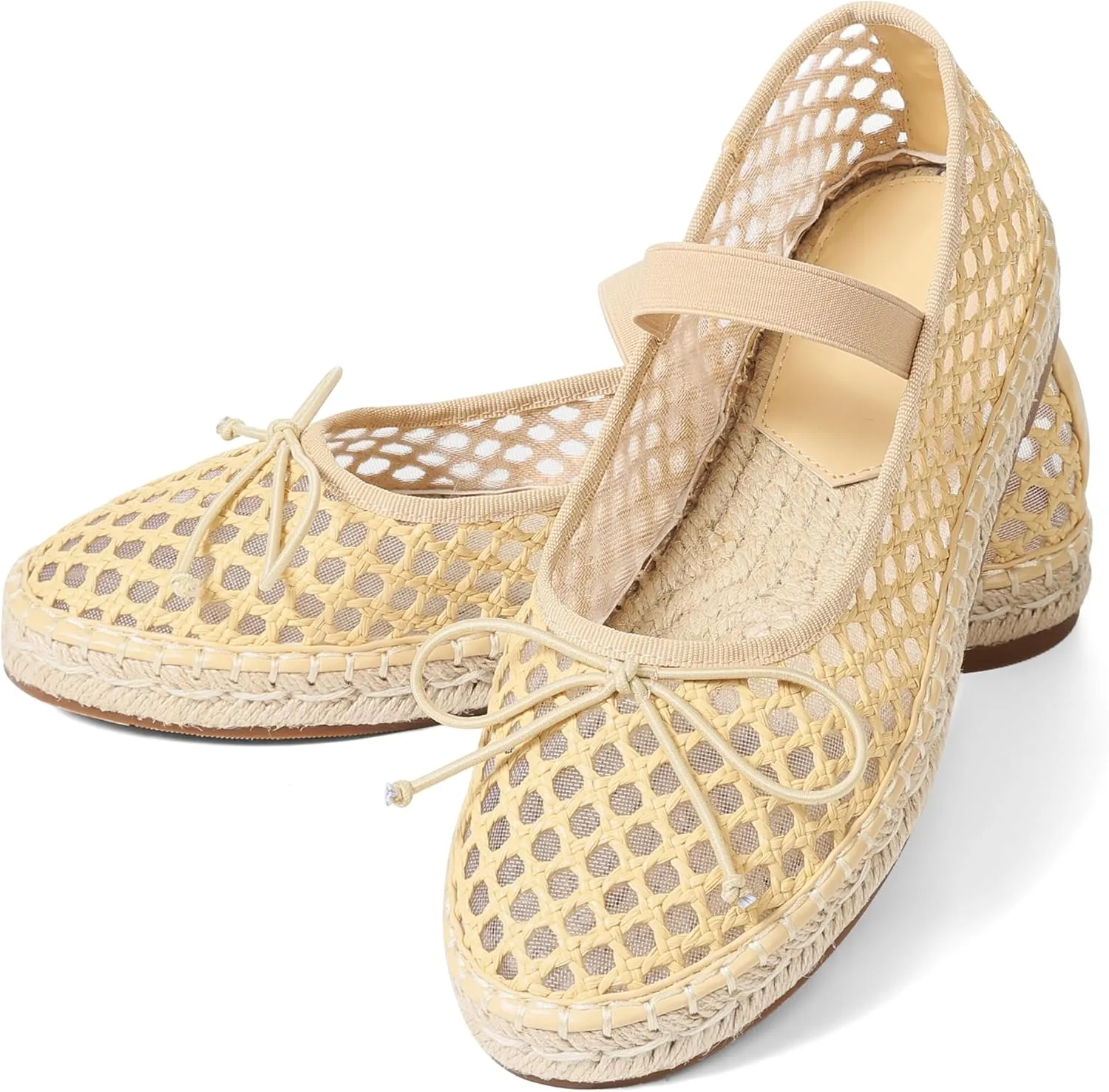 Goiphrri Platform Mary Jane Flats for Women Espadrilles Bow Knot Mary Janes Straw Woven Mesh Ballet Flats for Women Flatform Dress Pumps