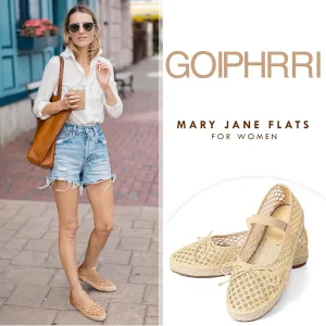 Goiphrri Platform Mary Jane Flats for Women Espadrilles Bow Knot Mary Janes Straw Woven Mesh Ballet Flats for Women Flatform Dress Pumps