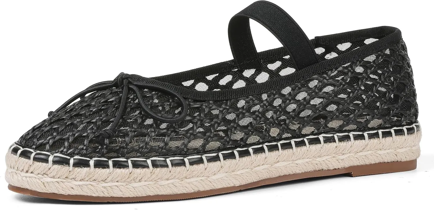 Goiphrri Platform Mary Jane Flats for Women Espadrilles Bow Knot Mary Janes Straw Woven Mesh Ballet Flats for Women Flatform Dress Pumps