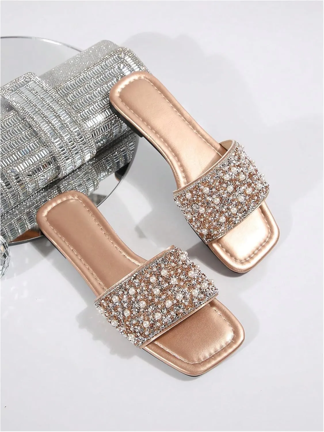 GORGLITTER Women's Pearl Sandals Leather Square Open Toe Slip On Dressy Wedding Flat Sandals