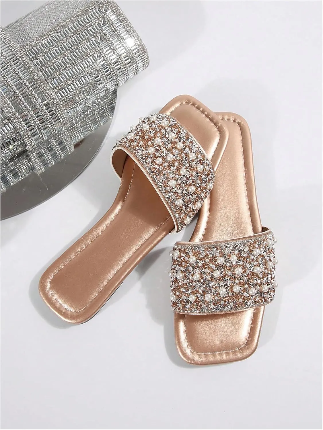 GORGLITTER Women's Pearl Sandals Leather Square Open Toe Slip On Dressy Wedding Flat Sandals