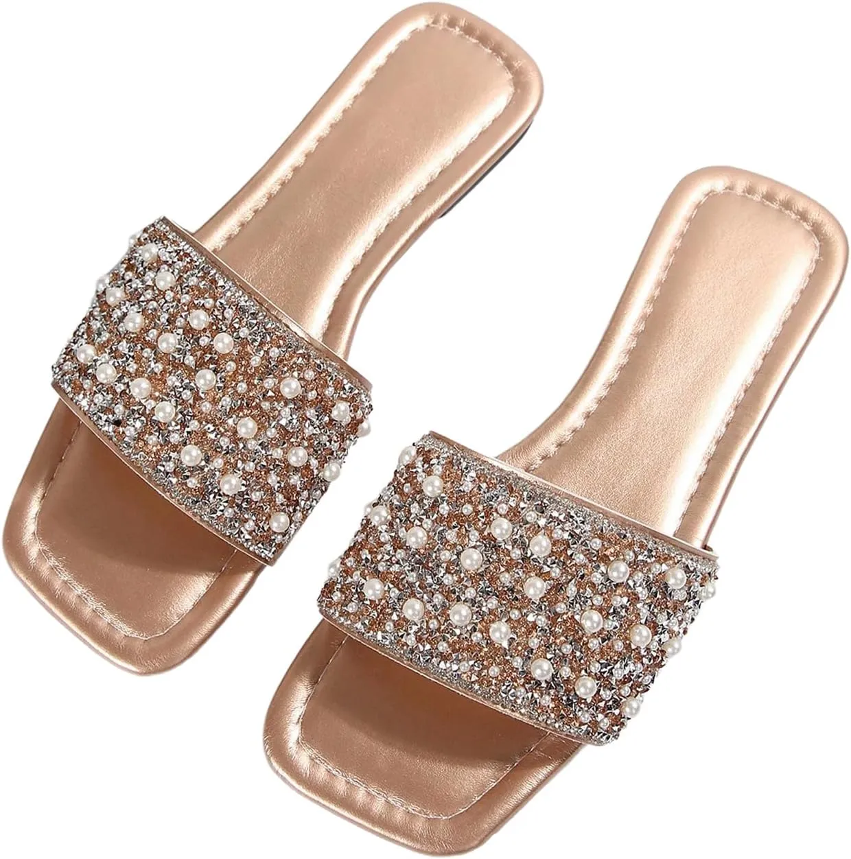 GORGLITTER Women's Pearl Sandals Leather Square Open Toe Slip On Dressy Wedding Flat Sandals