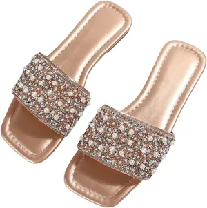 GORGLITTER Women's Pearl Sandals Leather Square Open Toe Slip On Dressy Wedding Flat Sandals