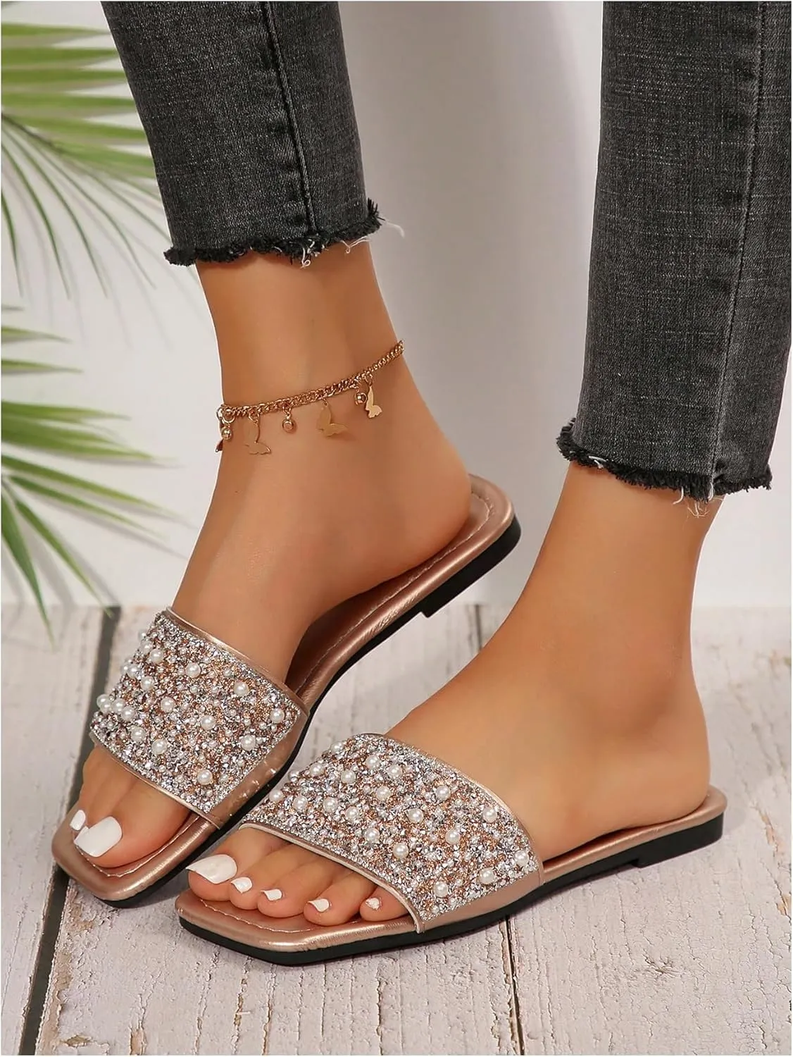 GORGLITTER Women's Pearl Sandals Leather Square Open Toe Slip On Dressy Wedding Flat Sandals