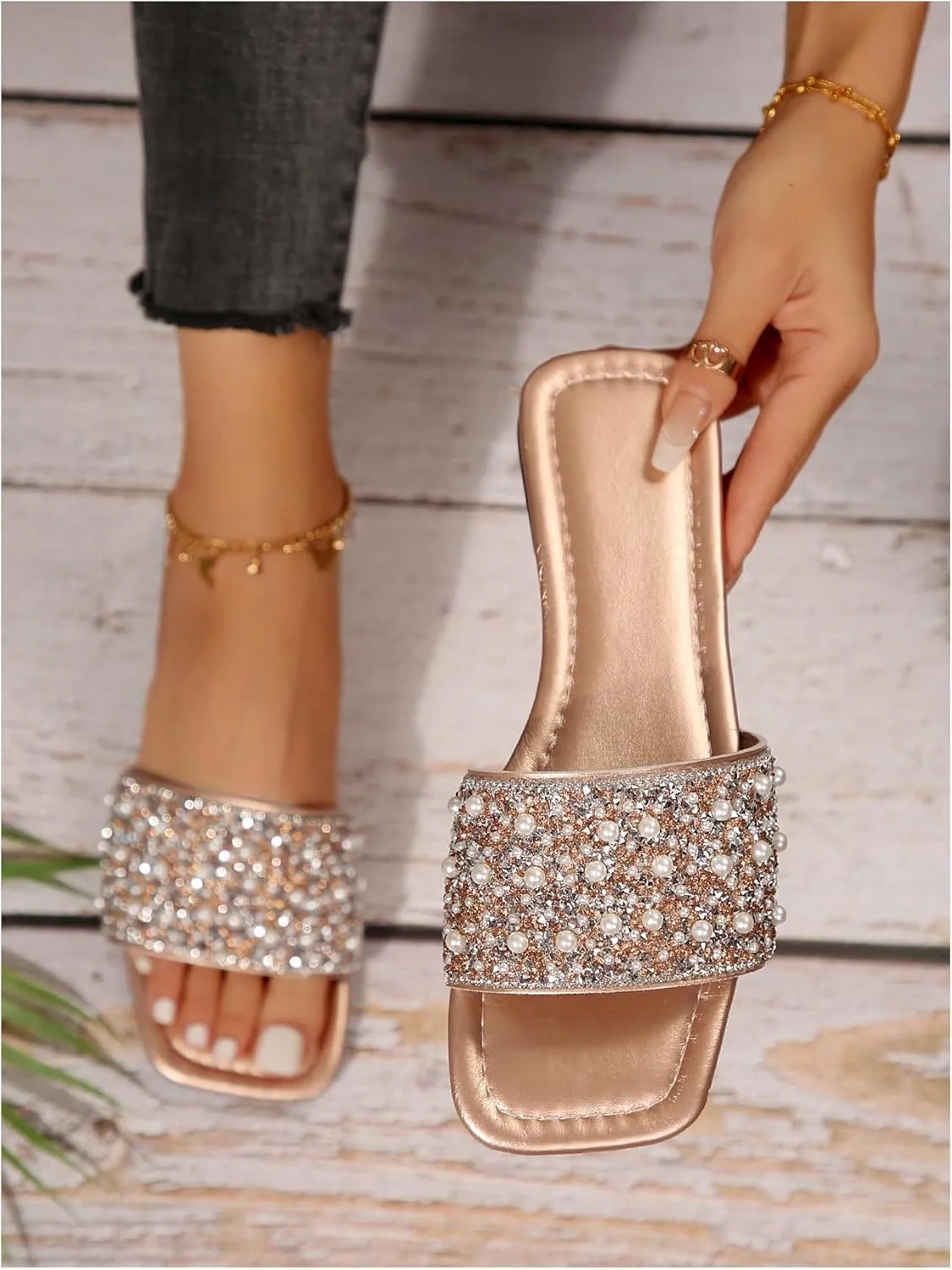 GORGLITTER Women's Pearl Sandals Leather Square Open Toe Slip On Dressy Wedding Flat Sandals