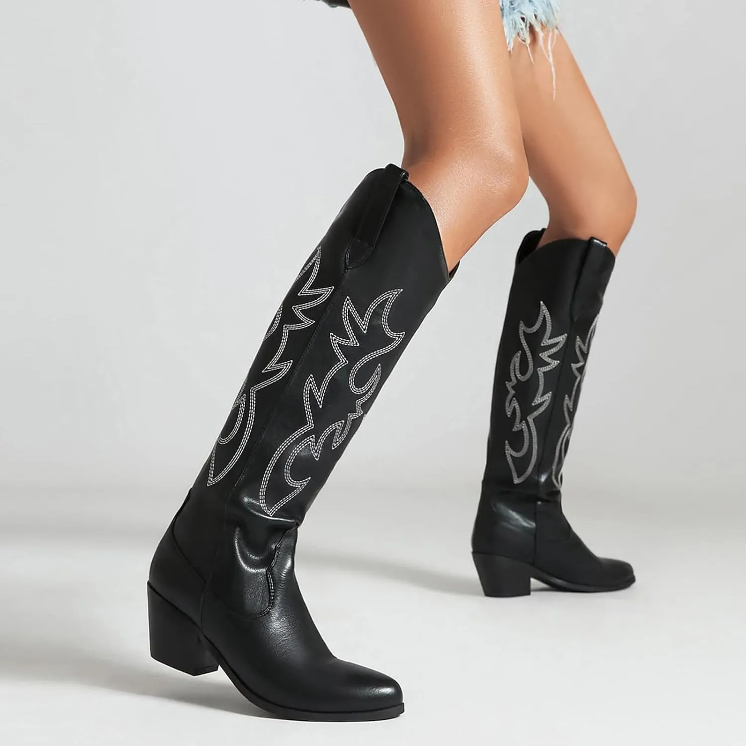 GOSERCE Women's Western Cowboy Boots with Embroidery Chunky Block Heel 2.5" Classic Cowgirl Boots Mid Calf Booties Almond Shaped Pointed Toe Knee High boots Pull On Fashion Design