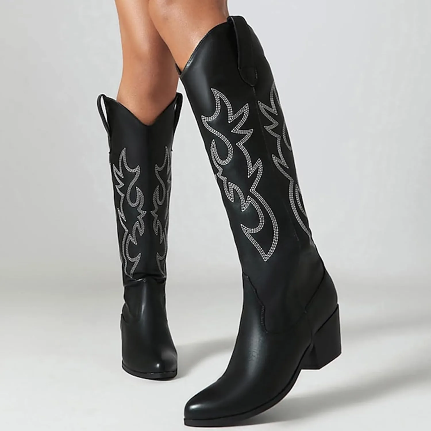 GOSERCE Women's Western Cowboy Boots with Embroidery Chunky Block Heel 2.5" Classic Cowgirl Boots Mid Calf Booties Almond Shaped Pointed Toe Knee High boots Pull On Fashion Design