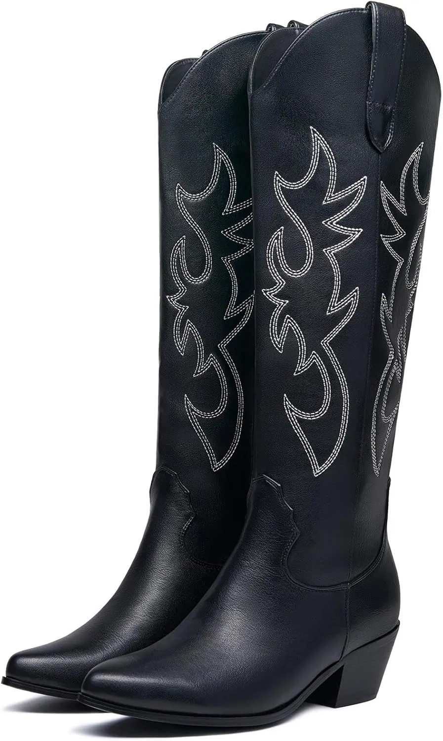 GOSERCE Women's Western Cowboy Boots with Embroidery Chunky Block Heel 2.5" Classic Cowgirl Boots Mid Calf Booties Almond Shaped Pointed Toe Knee High boots Pull On Fashion Design