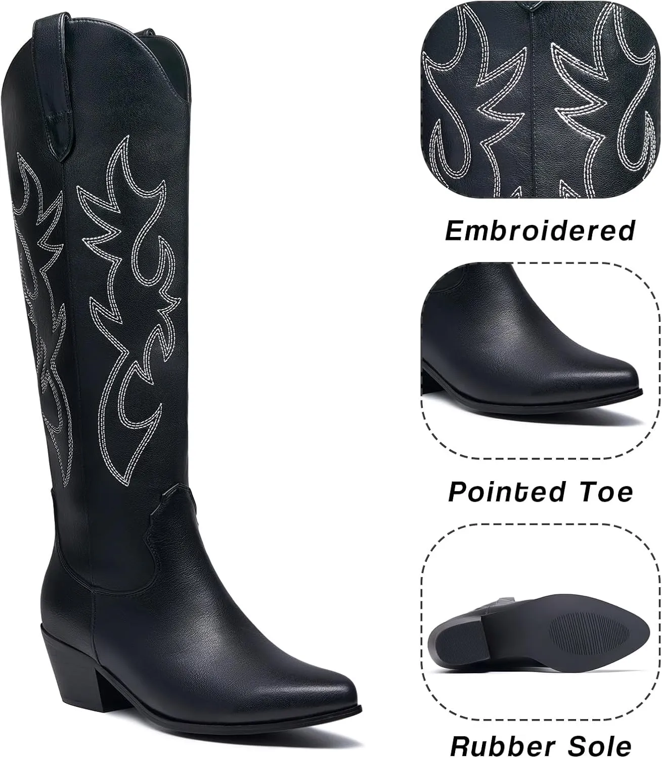 GOSERCE Women's Western Cowboy Boots with Embroidery Chunky Block Heel 2.5" Classic Cowgirl Boots Mid Calf Booties Almond Shaped Pointed Toe Knee High boots Pull On Fashion Design